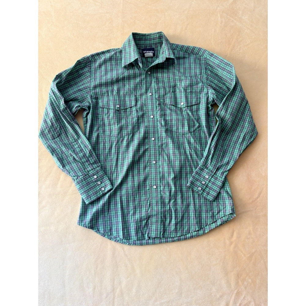 Wrangler Vintage Button Down Shirt Mens Medium Green Plaid Pearl Snap Western